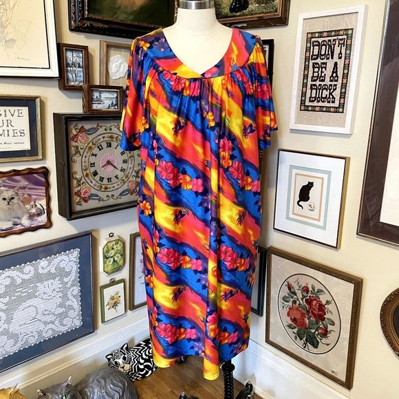 80s Vintage Blue Yellow Red Orange Psychedelic Floral Sunset Midi MuuMuu OSFM - Picture 1 of 4